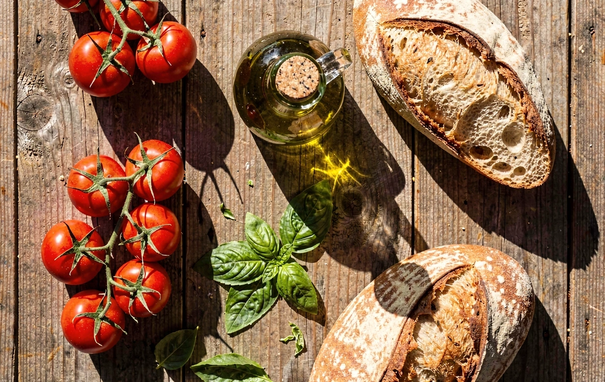 Ingredientes mediterráneos bajo luz dura